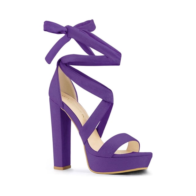 BLISSFUL STEP Women's Lace Up Platform Block Heel Sandals Purple (Size 8)