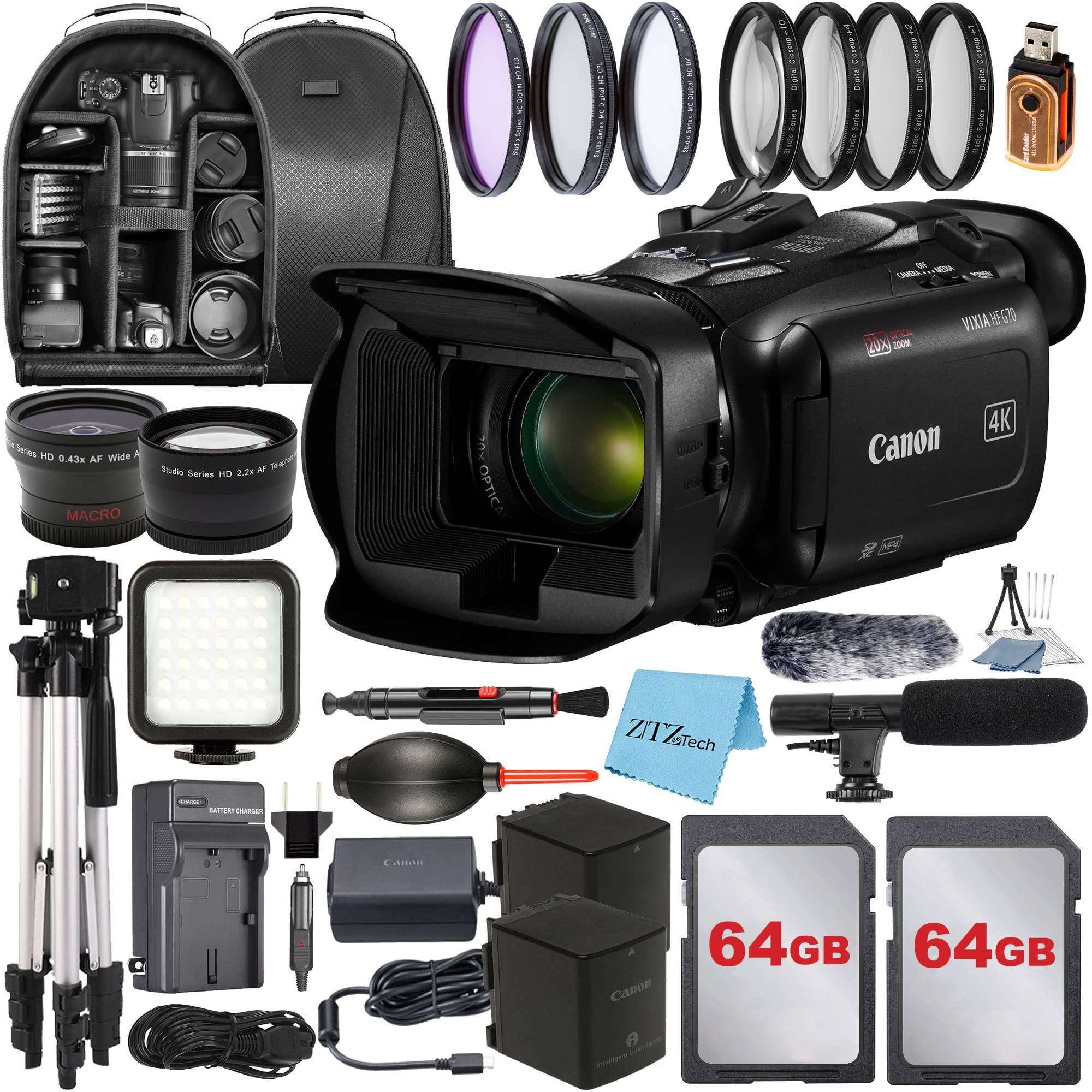 Canon Vixia HF G70 UHD 4K Camcorder with 2 Pack 64GB Memory Card + Case + Tripod + Wideangle Lens + LED Flash + Microphone + Filter Kit + ZeeTech Accessory Bundle