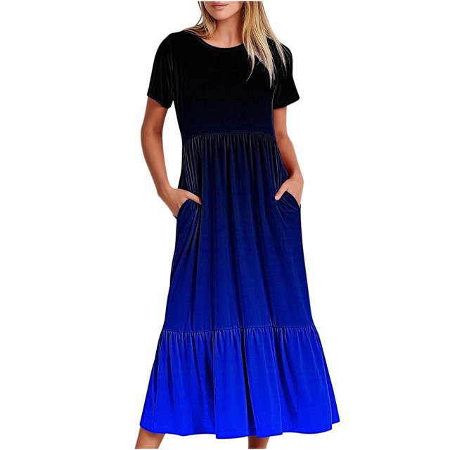 Penkiiy Robe à Manches Courtes pour Femmes à Imprimé Dégradé, Ample, Unie, Décontractée, d'Été, Fluide, à Étages, Longue Maxi avec Poches 2TG Bleu
