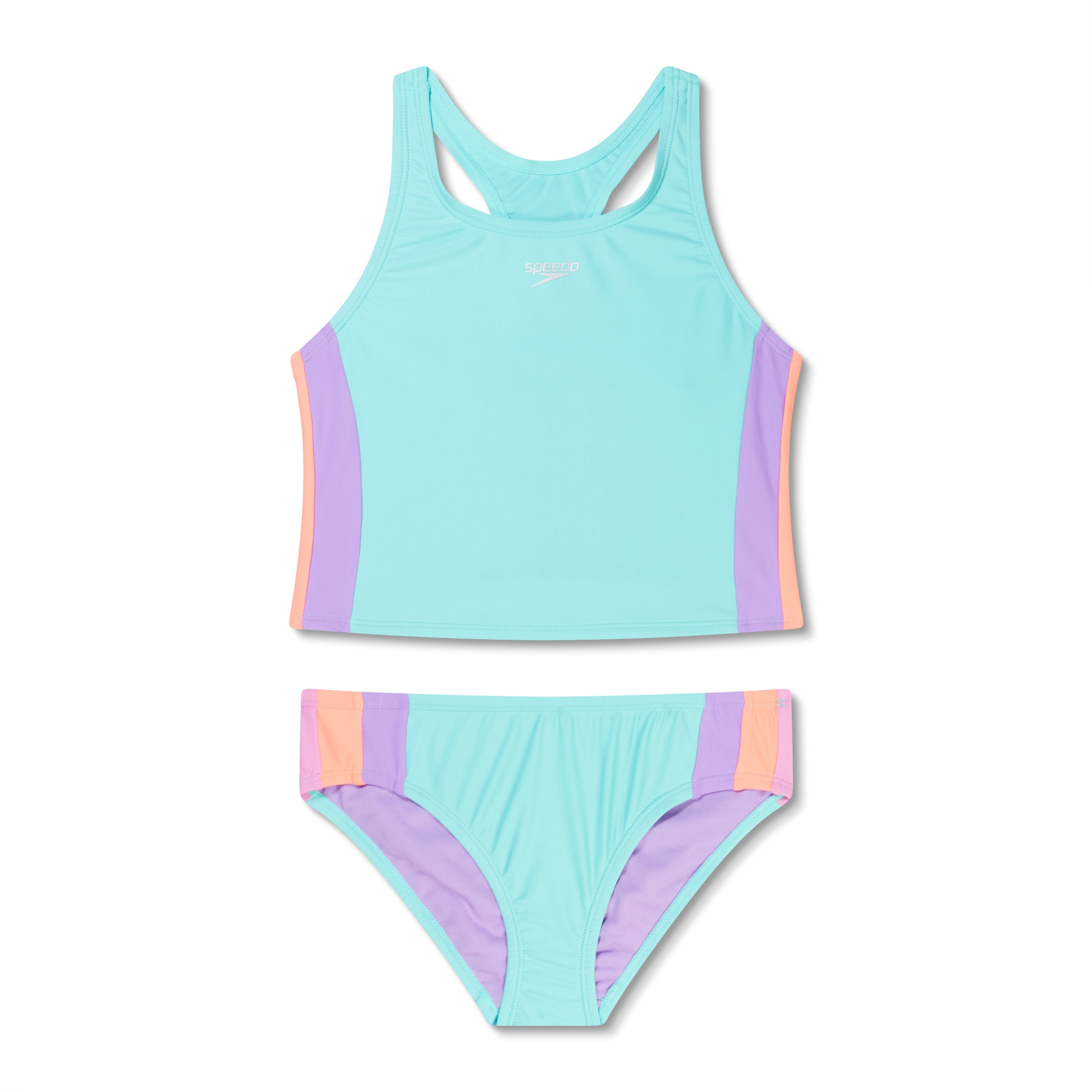 Speedo Girl's UV Protection Printed Colour Block Thick Strap Two Piece Tankini Set Swimsuit - Arctic Glass, Size 8