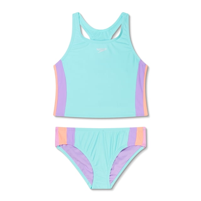 Speedo Girl's UV Protection Printed Colour Block Thick Strap Two Piece Tankini Set Swimsuit - Arctic Glass, Size 14
