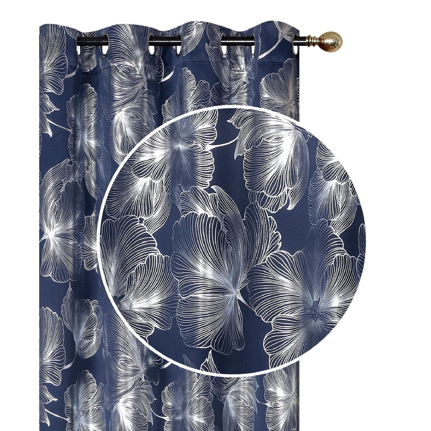 IH Casa Decor Foil Print Pannel W 8 Grom Hibiscus Navy Blue 84" - Ensemble De 2