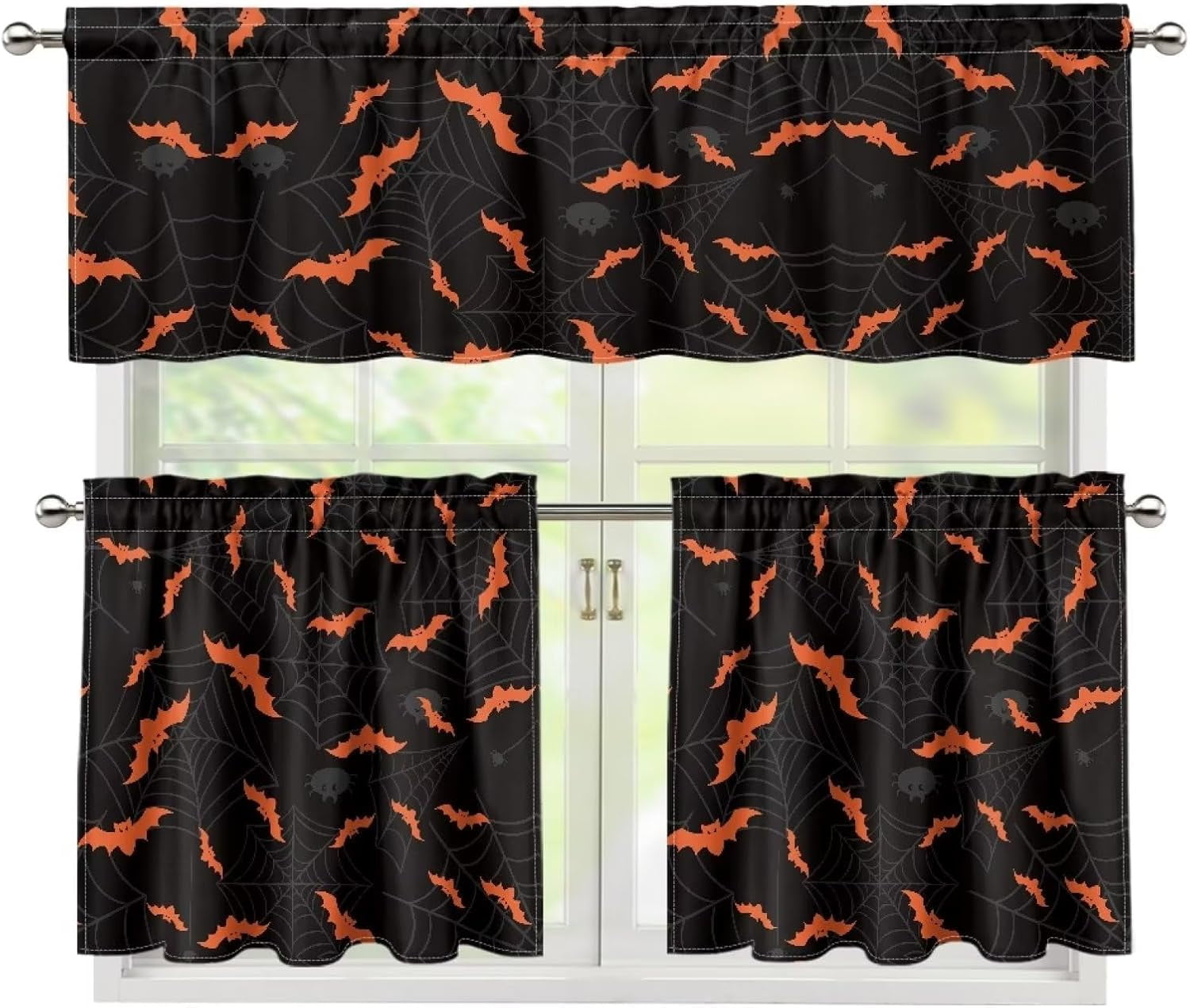 Halloween Bat Kitchen Curtains and Valances 3 Piece Set,Valance Curtains for Kitchen Windows Halloween Kitchen Curtains Tiers and Valances for Cafe Living Room Window Decoration