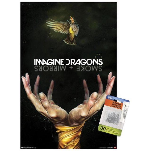 Imagine Dragons - Smoke Wall Poster, 22.375" x 34" framed wall art with a dark background, featuring two realistic hands wrapped in golden fabric reaching upward, a yellow-brown bird with spread wings flying above, and the band name 'IMAGINE DRAGONS' in white text, ideal for bedroom or office decor.