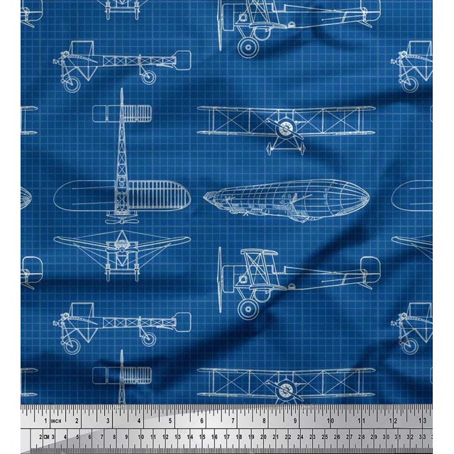 Soimoi Rayon Fabric Check & Airplane Transport Print Fabric by Yard 56 Inch Wide
