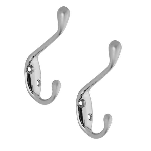 Era Double Hook 2-Pack Chrome with two chrome-finished metal double hooks featuring curved upper and lower hooks and two screw holes each for mounting, ideal for organizing coats, hats, towels, and bathrobes in closets or entryways, suitable for traditional and contemporary decor.