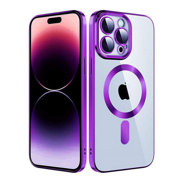 PST iPhone 14 Pro Max Case, a hybrid TPU back cover with MagSafe-compatible magnetic wireless charging. The case features a crystal-clear acrylic back with a purple frame, showcasing the iPhone's original design. Built-in magnets ensure secure alignment with MagSafe accessories for faster charging. Raised edges provide screen and camera protection, while the durable construction offers drop protection. Shown in a front and back view.