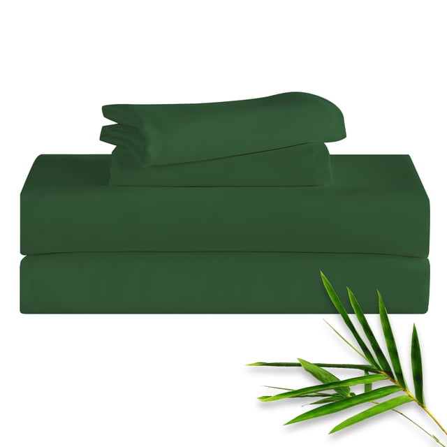Hitime 4PC Bamboo King Sheet Set in a deep green colour, featuring a flat sheet, fitted sheet with 16-inch deep pockets, and two pillowcases. Made from 90GSM ultra-soft bamboo rayon fibers, this breathable and fade-resistant sheet set offers a luxurious hotel-style feel. The set is displayed neatly folded with a bamboo leaf accent, emphasizing its eco-friendly material.