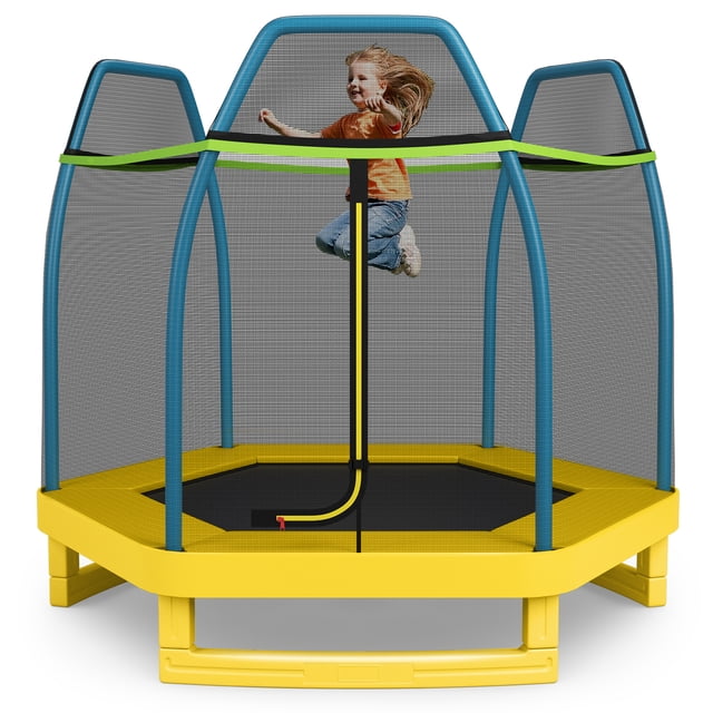 Patiojoy Trampoline Rond de 7 Pi pour Enfants, Lit de Saut avec Filet de Sécurité Vert, Conçu pour le Jeu Extérieur. Comprend un Cadre en Acier Galvanisé, une base Triangulaire et un Tissu Oxford Rembourré pour la Durabilité. Comprend un Filet de Sécurité Sans Joints pour Protéger les Pieds des Enfants, des Manchons en Mousse EPE pour la Sécurité et un Tapis de Saut en PP pour une performance de Rebond Supérieure. Convient aux Enfants de 3 Ans et Plus avec une Limite de Poids de 150 Lb.