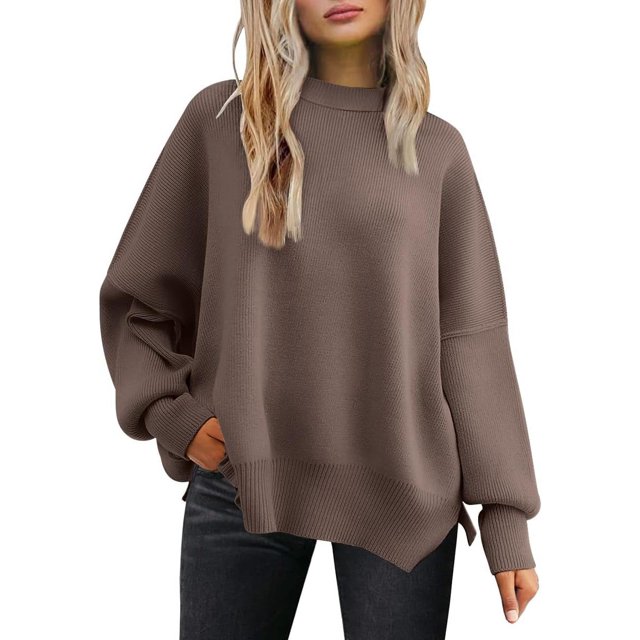 ORUYROP Women's Crewneck Batwing Long Sleeve Sweater 2023 Fall Oversized Ribbed Knit Side Slit Pullover Top
