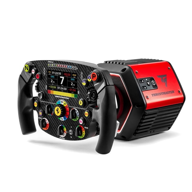Thrustmaster T818 /SF Ensemble de Roues de Course à Entraînement Direct 1000 Montrant une Vue avant 3/4 de l'Extension de Roue de Formule en Fibre de Carbone Ferrari SF1000 Edition avec un Écran de 4,3 Pouces et des Boutons Colorés, Attaché à une base à Entraînement Direct Rouge et Noire avec la Marque Thrustmaster, Conçu pour le Jeu sur PC et les Sports Électroniques, Retour de force.