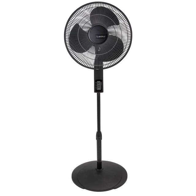 Lasko 40.5 cm (16 in.) Tilt-Back Oscillating Pedestal Fan with a black finish, featuring a 40.5 cm (16 in.) blade diameter. The fan includes an oscillating, tilt-back head, adjustable height, and four powerful fan speeds. It is equipped with a programmable auto-off timer for up to 7 hours, an adjustable thermostat, and a remote control with included Duracell batteries. The fan has a sturdy round base and a control panel on the stand. Dimensions are 39 cm × 45.7 cm × 119 cm (15.35 in. × 18 in. × 47 in.), and it weighs 4.76 kg (10.49 lb.).