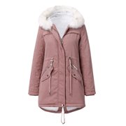 Womens Thick Fuzzy Fleece Parka Jacket Long Sleeve Hooded Coat Ladies Winter Warm Zipper Overcoat Outerwear