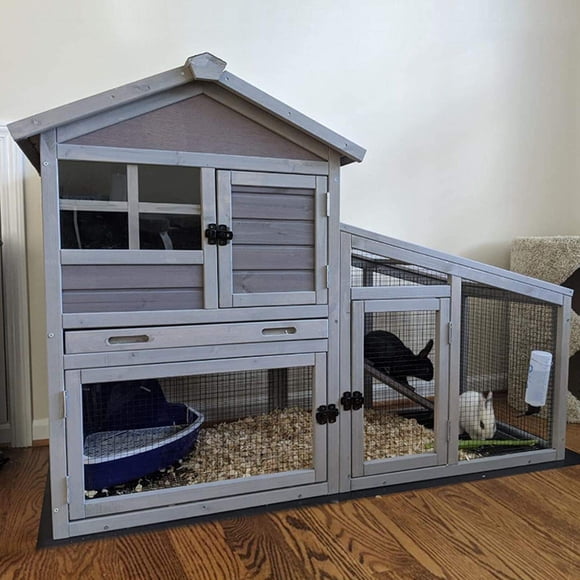 Aivituvin Rabbit Hutch Outdoor Indoor Bunny Cage with Pull Out Tray, Upgraded Chicken Coop with Removable Wire Mesh Bottom, Grey