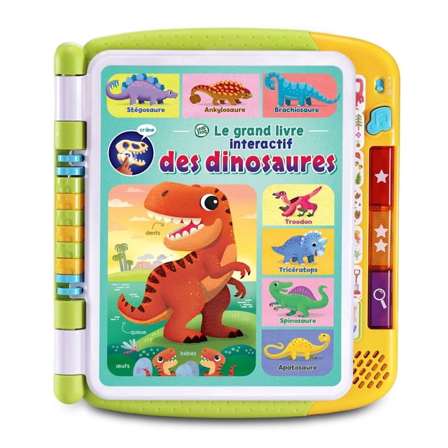 LeapFrog® Touch & Learn Dinosaur Book™ with Interactive Pages French version, a colorful educational electronics toy with a green and yellow frame, featuring 14 interactive dinosaur-themed pages, buttons for music and activities, and illustrated dinosaurs like Stégosaure, Ankylosaure, and Brachiosaure on the cover.
