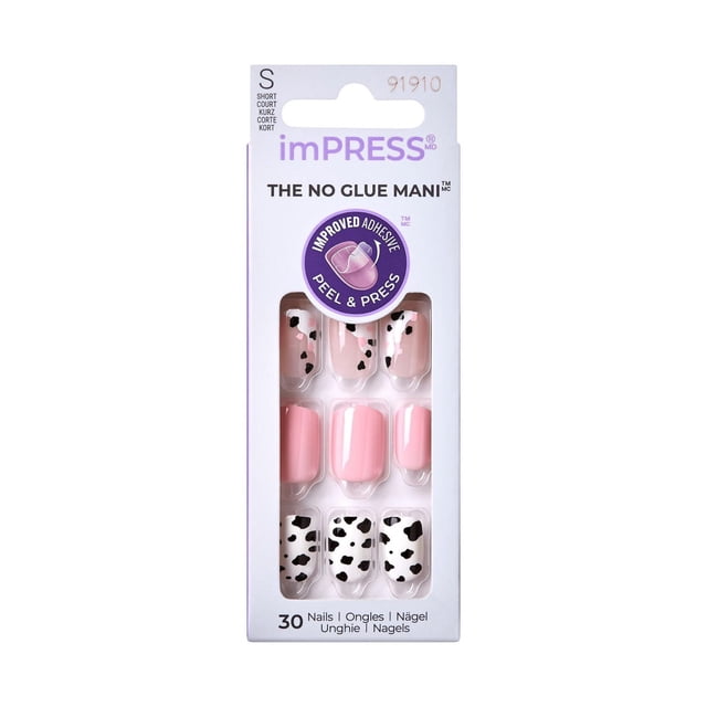 KISS ImPRESS Press-On - Fake Nails, 30 Count, Short in white packaging displaying short press-on nails with solid pink and black-and-white spotted patterns, featuring peel and press no glue adhesive technology for easy, chip-proof application and removal, ideal for quick nail styling.