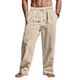 thumbnail image 2 of WRKEKC Casual Pants for Men Solid Color Spring Summer Thin Cotton Linen Look Leisure Straight Leg Tie Drawstring Trousers, 2 of 9