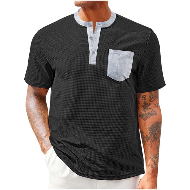 Mens Henley Shirts Short Sleeve Casual T-Shirts Colorblock Summer Button T Shirts Basic Tees with Pocket