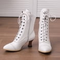thumbnail image 5 of B91xZ Bottes de Combat Femmes Mode Talon Bas Fermeture Éclair Bottes Plissées Mi-Mollet Chaussures, Blanc 9, 5 of 5