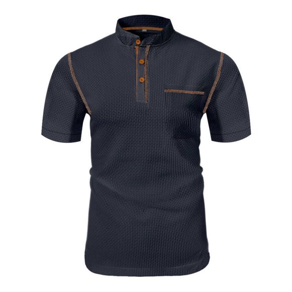 Mens Vintage Henley Shirt Short Sleeve Mock Neck Slim Fit Casual Cotton Top Basic Button Tshirt with Pocket Dark Gray, L