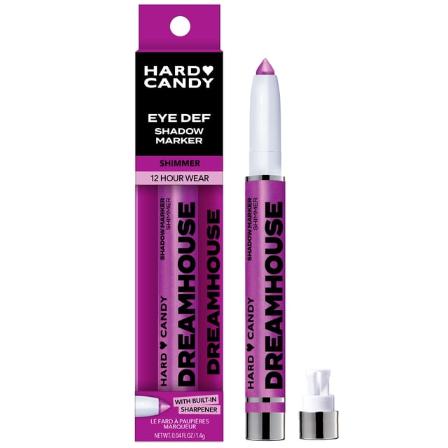 Hard Candy Eye Def Eyeshadow Stick in shimmer finish Dreamhouse shade, shown with packaging and open cap, creamy, blendable shadow marker with built-in sharpener and 12-hour wear, suitable for quick, budge-proof eye color application.