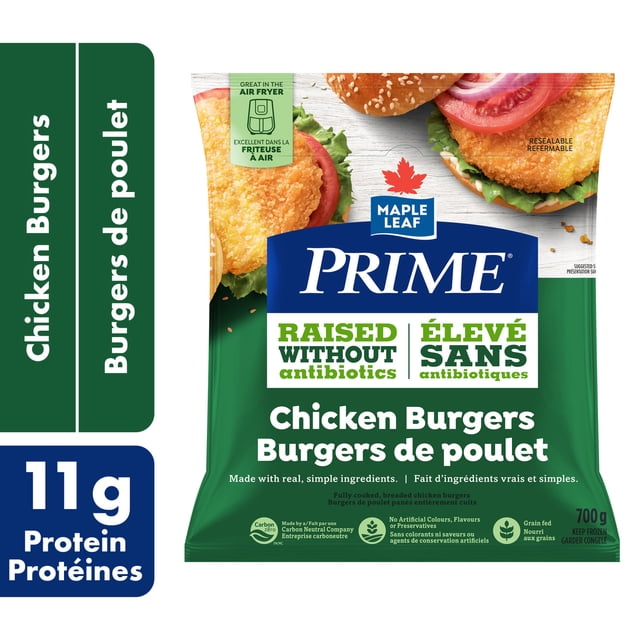 Prime Ensemble de Burgers de Poulet Panés Montrant Deux Galettes de Poulet Panées Entièrement Cuites dans des Petits Pains aux Graines de Sésame avec Laitue et Tomate, Mettant en Valeur 11 g de Protéines, Poulet Élevé au Grain Sans Antibiotiques, Sans Colorants Ni Agents de Conservation Artificiels, et Sac Surgelé Refermable Convenant à la Cuisson à la Friteuse à air Chaud.