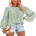 thumbnail image 1 of Womens Bell Sleeve Blouse Crewneck Lace Tops Floral Textured Babydoll Shirts, 1 of 5