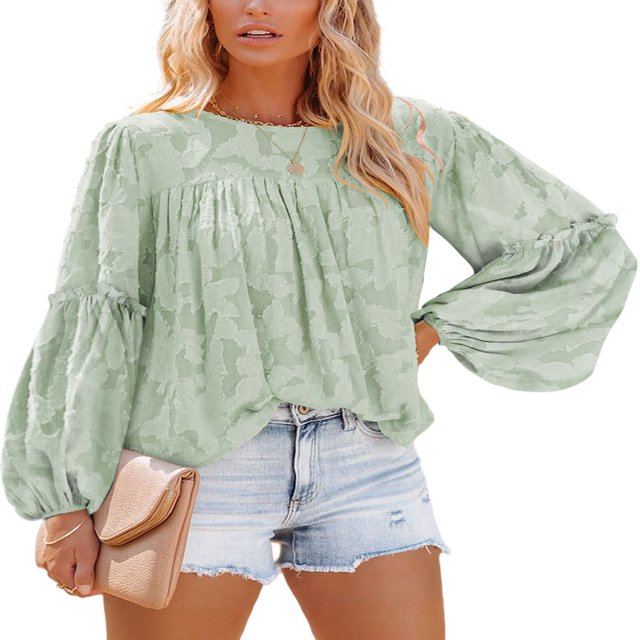 Womens Bell Sleeve Blouse Crewneck Lace Tops Floral Textured Babydoll Shirts