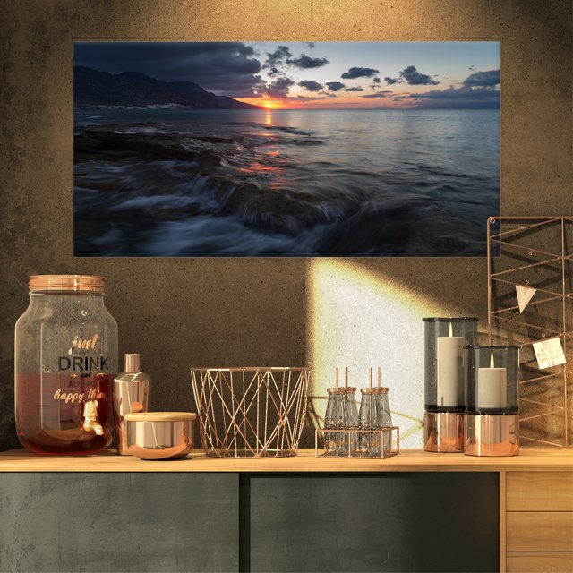 Dark Mediterranean Beach Dawn - Modern Seashore Canvas Art