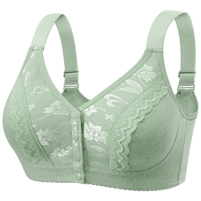 Posijego Front Closure Push up Bra for Women, a breathable wireless bra with full coverage support. Made of soft polyester and cotton fabric, this light green bra features floral lace accents, adjustable straps, and a convenient front closure. Ideal for everyday wear and comfort.
