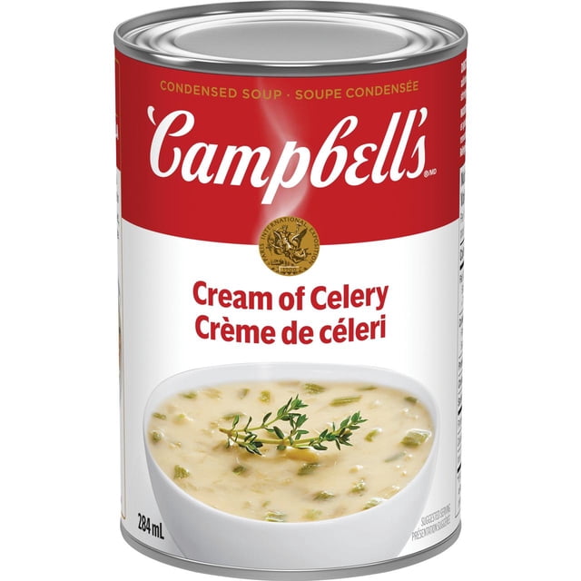 Campbell's® Soupe Condensée à la Crème de Céleri, Conserve à Température Ambiante, Boîte de 284 ml avec Étiquette Rouge et Blanche Mettant en Vedette le logo Campbell's, Texte Bilingue Anglais et Français, et une image de Soupe Crémeuse au Céleri Garnie de Thym Frais dans un Bol Blanc, Convient comme Ingrédient de Soupe Rapide Ou de Recette.