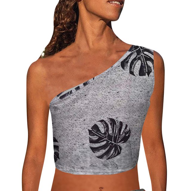 Leutsin Womens Print Tank Crop Tops Sleeveless One Shoulder Shirt Summer Charming Tees