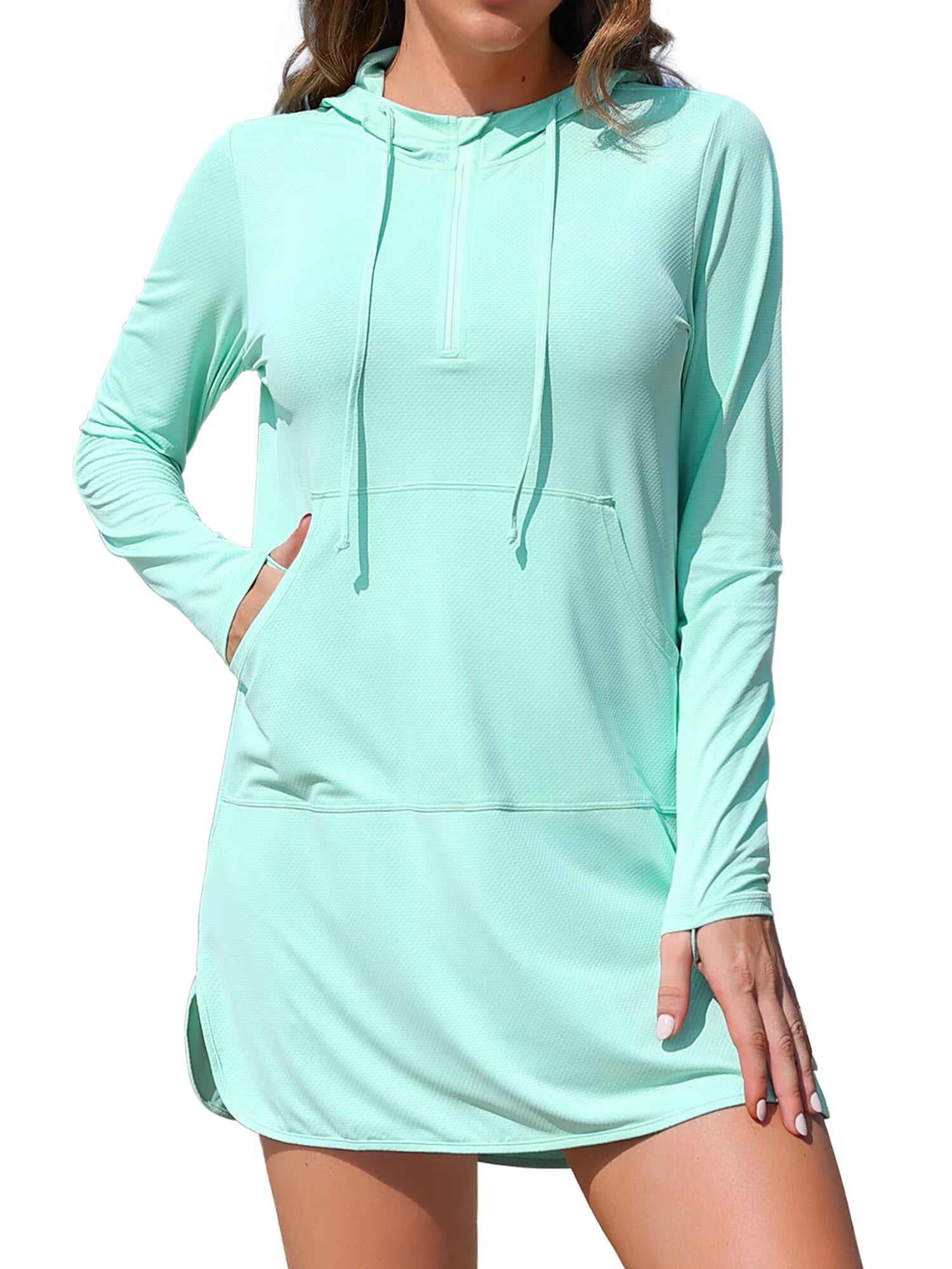 Charmo Maillot Dermoprotecteur à Capuche UPF 50+ pour Femmes, Manches Longues, Protection UV, Fermeture Éclair, Chandails de Bain à Séchage Rapide, Chandails de Randonnée et de Course avec Poches