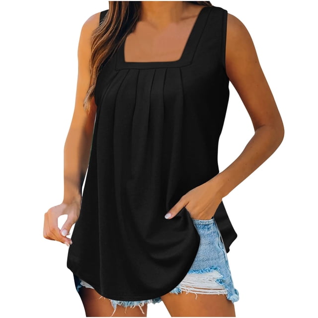 Timegard Camisoles pour Femmes à Encolure Carrée Plissée Sans Manches Confortables Chic Décontracté Tunique Haut Chemise Blouse