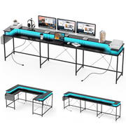 U Shaped Desk, 126 Inch Gaming Desk with Monitor Stand and LED Lights, Reversible Shaped Large Computer Desk with Power Outlets, Large Corner Office Desk with Storage Bag and Hooks