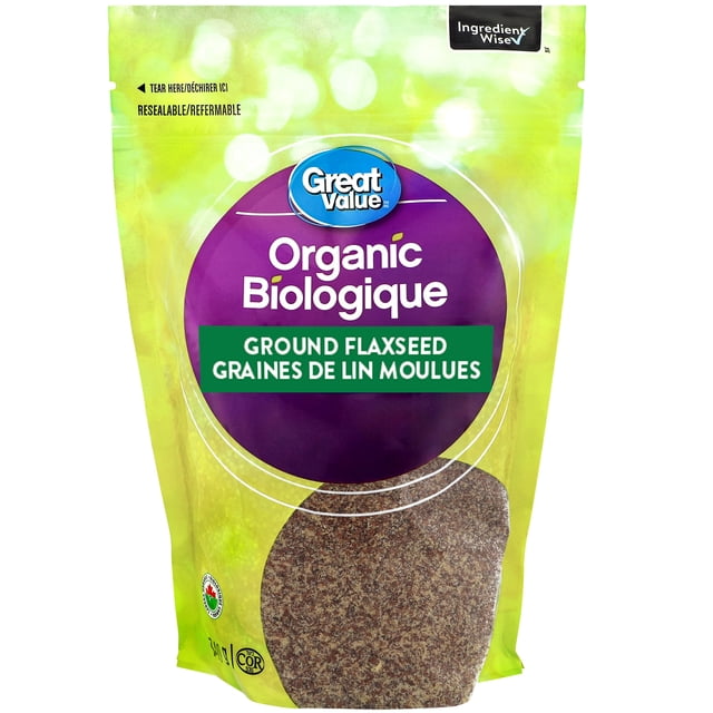 Great Value Graines de Lin Moulues Biologiques dans une Pochette Verte et Violette Refermable avec une Fenêtre Transparente Montrant des Graines de Lin Finement Moulues, Étiquetées en Anglais et en Français, Certifiées Biologiques par Canada Organic Regime, et Mettant en Vedette le Symbole « Ingrédient Sage », Convenant à l'Ajout aux smoothies et aux Produits de Boulangerie.