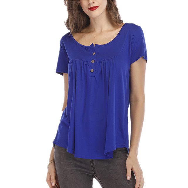 Innerwin T-Shirt Couleur Unie Hauts pour Femmes Été Manches Courtes T-Shirt Mode Bleu Paon 3TG