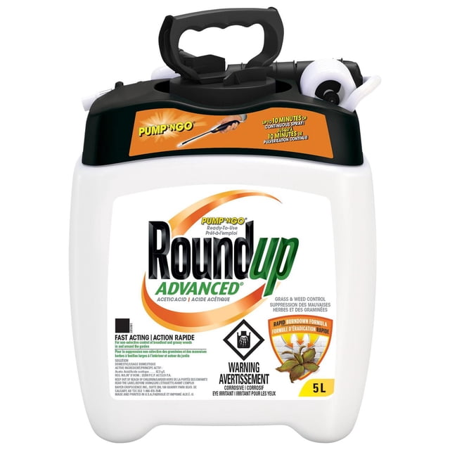 Roundup Advanced Ready-to-use Pump ‘n Go 5L sprayer jug with black ergonomic handle and pump applicator, white container with orange and green label showing fast-acting acetic acid formula for broadleaf and grassy weed control, includes corrosive eye irritant warning, ideal for spot-treating weeds in garden and outdoor living areas.