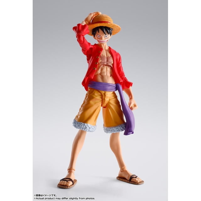 Monkey D. Luffy - une Pièce Figurine d'Action The Raid Onigashima en pose Face vers l'Avant Portant une Veste Ouverte Rouge, des shorts Jaunes avec Garniture en Fourrure Blanche, une Ceinture Violette, un Chapeau de Paille et des Sandales Brunes, Fabriquée en Plastique Articulé pour des Poses Dynamiques et une Présentation de Collection.
