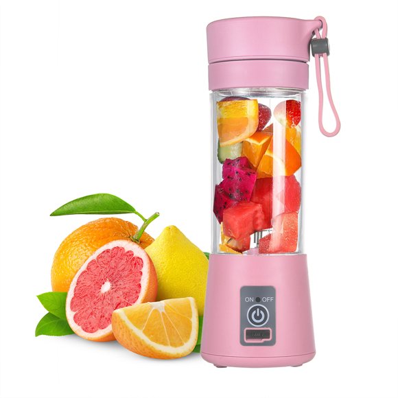 Multi-functional Juicer Cup USB Rechargeable Juice Blender Portable Fruit Mixer Squeezer with 2 Sharp Blades, Suitable for Kitchen, Camping and Travel, 380mL, Pink