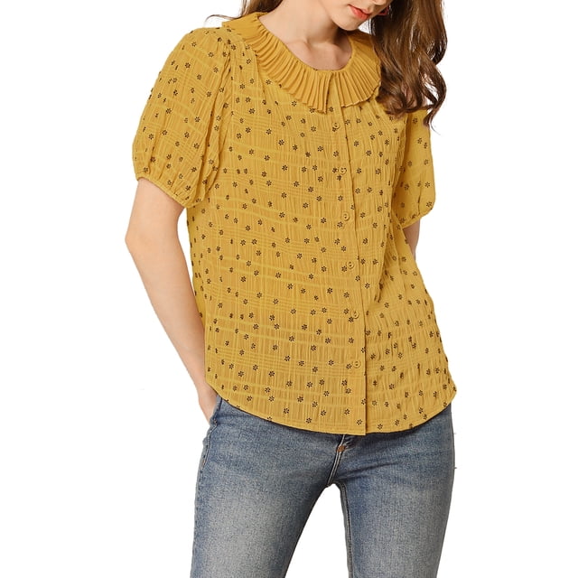 INSPIRE CHIC Women's Floral Puff Sleeves Pleated Collar Button Down Shirt
