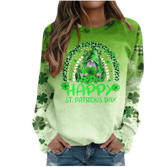 Pompotops Femmes St. Patrick'S Day Fashion Imprimé en Vrac Manches Longues Chemisier Col Rond Casual Pull Tops Pullshirt Clair