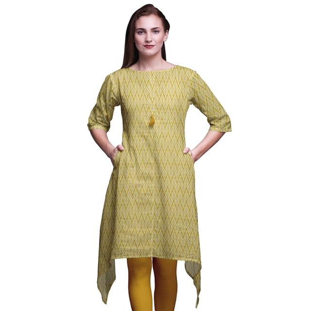 Bimba Kurti Asymétrique Imprimée de Feuilles de Monstera Dorées pour Femmes Robe d'Été Indienne Tunique Grande