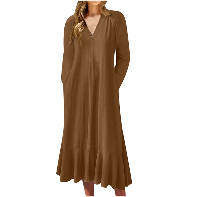 Pisexur Robes d'Automne pour Femmes, Couleur Unie, Manches Longues, Robes de Retour à la Maison, Col en V, Robes d'Invitée de Mariage pour Femmes, Robe Maxi Décontractée Ample, Robes Grande Taille pour Femmes aux Formes, P-5TG