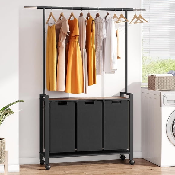 Towallmark Laundry Sorter 3 Section Laundry Hamper Sorter with Clothes Hanging Rod and Wooden Storage Shelf 3 X 13gal Laundry Basket Organizer for Laundry Room Organization Storage Baskets, Black
