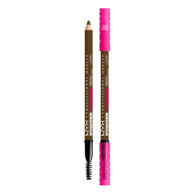 NYX Professional Makeup Powder Louder Brow Pencil in brown with dual ends, featuring a sharpened pencil tip for precise shaping and a spoolie brush for blending, designed for 12-hour wear with volumizing micro-fibers and a bright pink cap on the spoolie end, suitable for creating full, natural-looking brows.