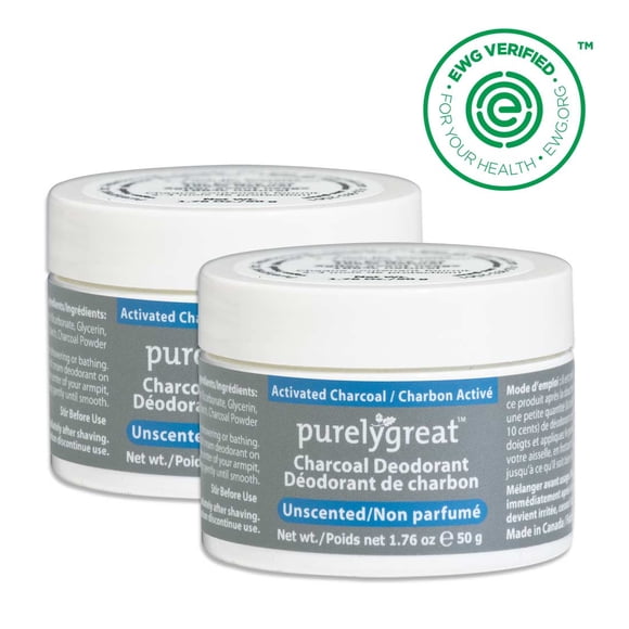 2 Pack - Purelygreat Natural Deodorant Cream - Charcoal Unscented 50g Aluminum Free Vegan, Made in Canada