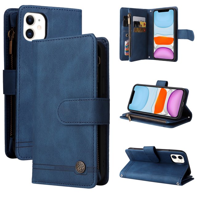 Case for iPhone 12 Cover Zipper Pocket Wallet Case Magnetic Protective in blue. This multifunctional iPhone case features premium PU leather with a smooth texture, 9 card slots, a zipper coin pocket, and a magnetic flip closure for secure storage. It doubles as a stand for horizontal viewing and offers full-frame protection with raised edges and shockproof corners.