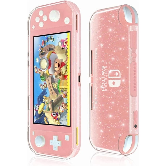 KOMI Protective Case, Liquid Crystal Glitter Bling Soft TPU Cover with Shock-Absorption and Anti-Scratch Protective Case for Nintendo Switch Lite 2019. The image shows a lightweight, clear TPU case with glitter accents, designed to protect the Nintendo Switch Lite from scratches and damage. The case fits snugly, showcasing the pink color of the console while providing easy access to buttons and ports. The front and back views highlight the sparkle effect and precise cutouts for functionality.