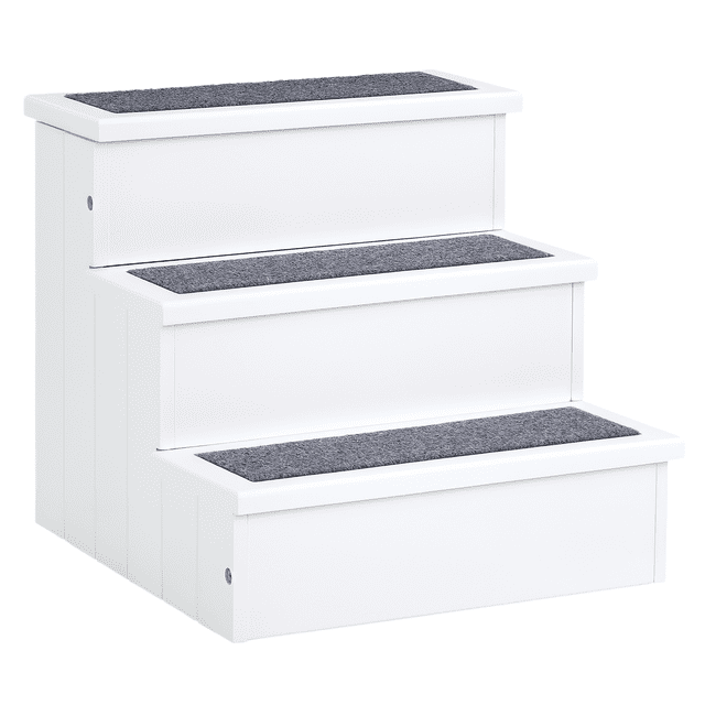 PawHut Pet Steps 3-Step Dog Stairs for Small Dogs and Cats, featuring a white wooden frame with carpeted treads for paw protection and slip resistance. The compact design measures 15.9 inches long, 17.5 inches deep, and 15 inches high, with each step measuring 6.5 inches wide and 5 inches high. The top step includes a removable cover, revealing a storage box for pet essentials. Supports up to 66 lbs and is ideal for elderly pets or those with mobility issues.